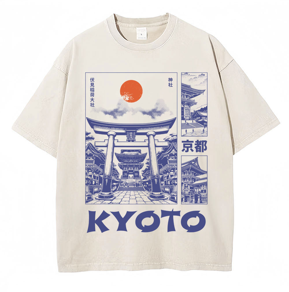Vintage Fashion Kyoto - تي شيرت بتصميم ياباني مغسول على